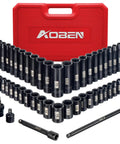 1/4 Inch Drive Impact Socket Set, 54-Piece, 6-Point Sockets For SAE And Metric, 5/32 To 9/16 Inch, with extension bars and adapter