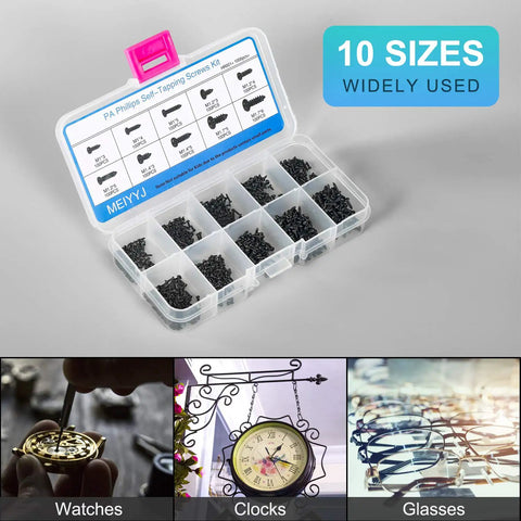 Small Phillips Head Micro Screws Kit in Ten Sizes M1 M1.2 M1.4 M1.7 Self Tapping Electronics Screws Assortment Pack of 1000 for PCBs and DIY Projects for Makers shown in plastic case with compartments and highlighted usage for watches, clocks, and glasses.