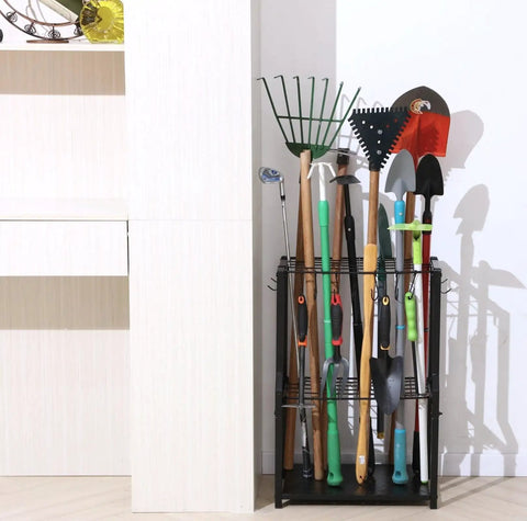 Heavy Duty Free Standing Garden Tool Organizer Rack For Garage Corner Storage And Shed Organization with tools installed