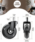 Heavy Duty 3 Inch Office Chair Wheels Replacement Set Of Five Smooth Gliding Rollerblade Casters With Universal Standard Stem For No Fuss Desk Upgrades And Top Shelf Performance Black size chart showing detailed measurements.