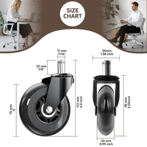 Heavy Duty 3 Inch Office Chair Wheels Replacement Set Of Five Smooth Gliding Rollerblade Casters With Universal Standard Stem For No Fuss Desk Upgrades And Top Shelf Performance Black size chart showing detailed measurements.