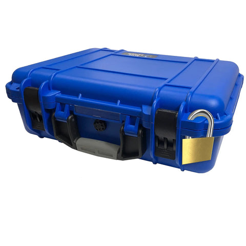 Blue lockable airtight MIG GMAW Wire Storage Case with handle and lock, lightweight organizer for welders.
