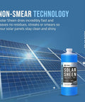 Solar Panel Cleaner Super Concentrated Formula, 32 Oz bottle next to shiny solar panels, non-smear technology feature.