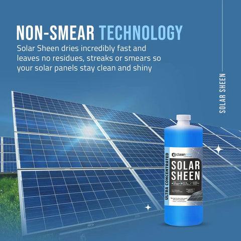 Solar Panel Cleaner Super Concentrated Formula, 32 Oz bottle next to shiny solar panels, non-smear technology feature.
