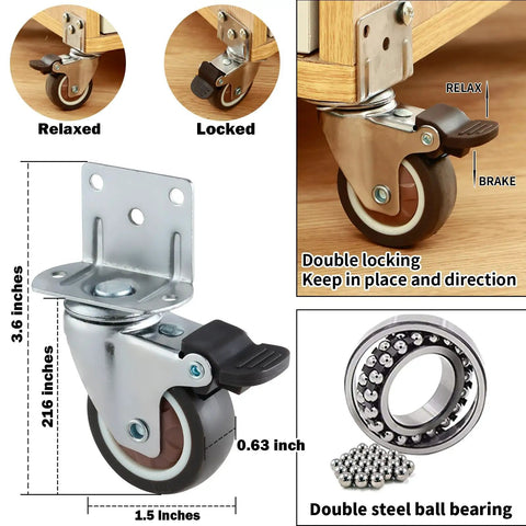 1.5 Inch Side Mount Caster Wheels Set Of 12 With Locking Swivel, L Shaped Rubber Casters, Double Plate Brakes, close-up view