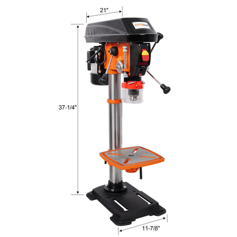 12 Inch Benchtop Drill Press With Digital Readout And Variable Speed, features a sturdy metal base and tilting table.