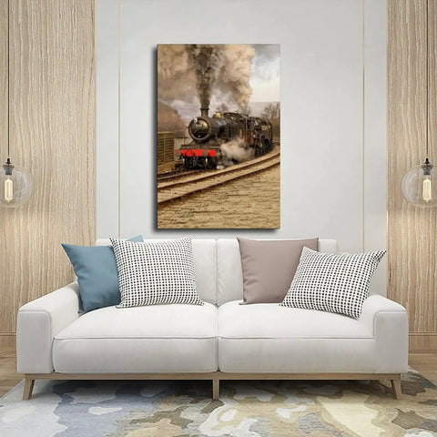 Classic Steam Locomotive Poster Canvas Wall Art For Living Room And Beyond above a white sofa in a modern living room.
