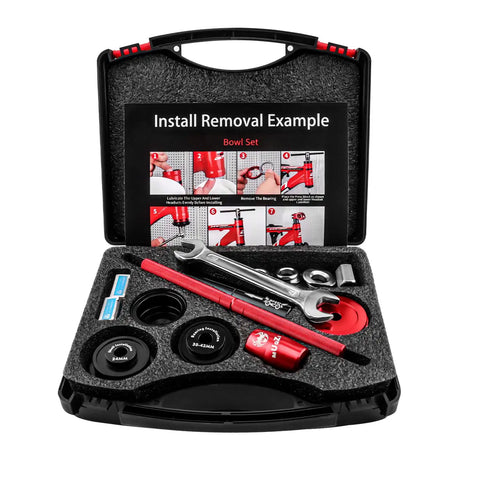 All In One Bike Bottom Bracket Bearing Install Removal And Headset Press In Tool Kit For BB86 BB30 BB92 PF30 MTB And Road Bikes Red Portable Carry Case Pro Grade Maintenance Durable Aluminum Construction Easy Carry featuring tools and case