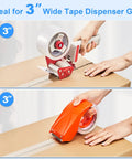 Two images showing clear packing tape being applied with 3-inch wide dispenser guns, hand-held on cardboard boxes.