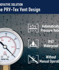 Go-To 30 InHg Vacuum Pressure Gauge With 2 Inch Dial, showing IP67 waterproof feature and automatic pressure relief with PRV-Tex design.