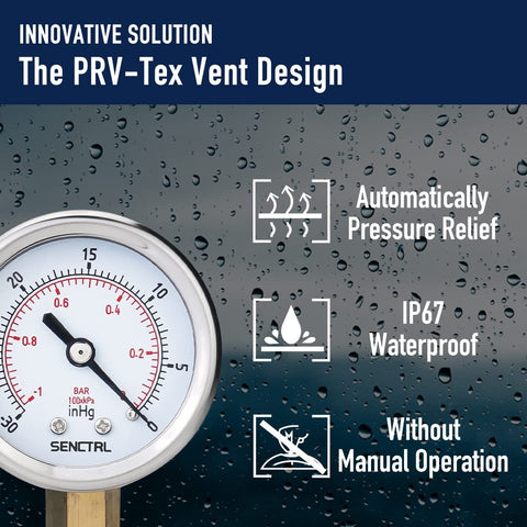 Go-To 30 InHg Vacuum Pressure Gauge With 2 Inch Dial, showing IP67 waterproof feature and automatic pressure relief with PRV-Tex design.