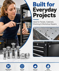 Kickstart Your Shop Grind With This Tough Button Rivet Locking Nut Assortment Featuring Solid Zinc Plated Steel Petal Expanding Fasteners For Zero Drama Furniture And Panel Fixes Using M4 M5 M6 Threads, showcasing a woman installing on a shelf with zinc plated locking nuts.