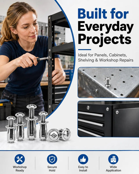 Kickstart Your Shop Grind With This Tough Button Rivet Locking Nut Assortment Featuring Solid Zinc Plated Steel Petal Expanding Fasteners For Zero Drama Furniture And Panel Fixes Using M4 M5 M6 Threads, showcasing a woman installing on a shelf with zinc plated locking nuts.