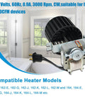 Upgraded Replacement Fan Blower Assembly For Bathroom Bulb Heaters That Fits Like A Pro In Your Bathroom And Works With 162E G J K L M And 164E G J K L M Replaces Part Numbers 97009796 97009758 97009796B displayed with motor details and compatible model list.