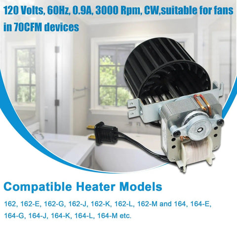 Upgraded Replacement Fan Blower Assembly For Bathroom Bulb Heaters That Fits Like A Pro In Your Bathroom And Works With 162E G J K L M And 164E G J K L M Replaces Part Numbers 97009796 97009758 97009796B displayed with motor details and compatible model list.