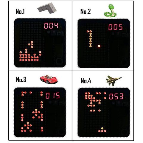 Hands On Soldering Game Kit With Five Retro Classics In An Acrylic Case, featuring digital displays of four classic games.