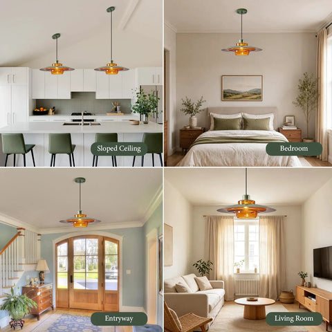 Amber Glass Pendant Light Modern: 19-inch Metal Chandeliers For Dining Room in kitchen, bedroom, entryway, and living room.