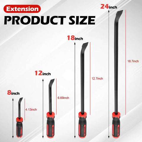 4 Piece Heavy Duty Pry Bar Set For Automotive Use With 8 Inch 12 Inch 18 Inch And 24 Inch Levers Angled Tips Thick Strike Cap Handles
