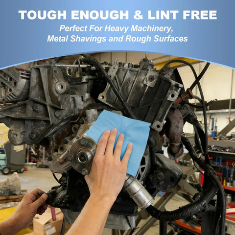 Hella Absorbent Heavy Duty Cleaning Cloths Jumbo Roll In Royal Blue being used on engine parts to remove grime.