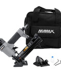 Smooth Operator Pneumatic 4 In 1 18 Gauge Mini Flooring Nailer And Stapler with gear bag and accessories for flooring projects.