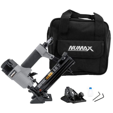 Smooth Operator Pneumatic 4 In 1 18 Gauge Mini Flooring Nailer And Stapler with gear bag and accessories for flooring projects.