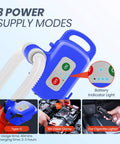 Nitigo electric fuel transfer pump with auto-stop sensor, blue, 72in hose, battery indicator lights.