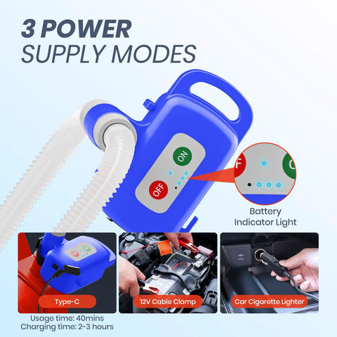 Nitigo electric fuel transfer pump with auto-stop sensor, blue, 72in hose, battery indicator lights.