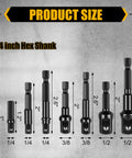 Eight Piece Drill Socket Adapter Set For Impact Tools Universal Quarter Inch, Three Eighths Inch And Half Inch Hex Shank