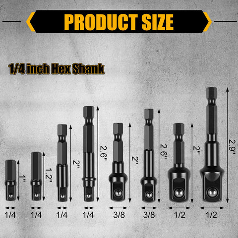 Eight Piece Drill Socket Adapter Set For Impact Tools Universal Quarter Inch, Three Eighths Inch And Half Inch Hex Shank