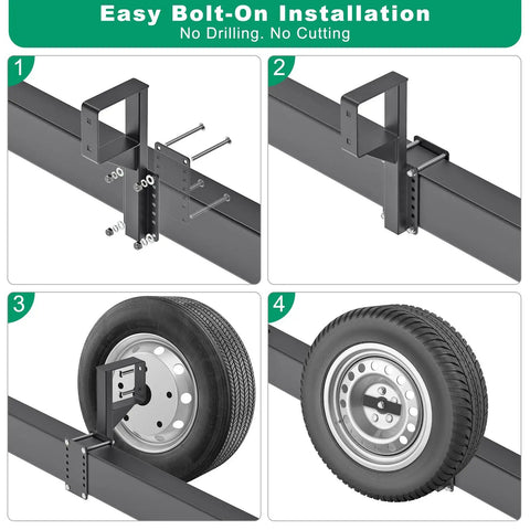 Rugged Bolt On Spare Tire Carrier For 15 And 16 Inch Wheels, Steel Mount Bracket showing easy installation on trailer frame