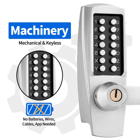 Mechanical Push Button Lever Lock With 13 Digit Keypad For Keyless Entry Keep Open Or Auto Locked 60mm Backset Two And One Eighth Inch Holes Satin Chrome Finish For Commercial And Residential Security.