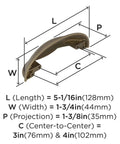 Dimensions of Golden Champagne Ashby Cabinet Cup Pull for 3 Inch Center To Center and 4 Inch Center To Center Spacing