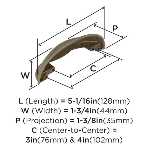 Dimensions of Golden Champagne Ashby Cabinet Cup Pull for 3 Inch Center To Center and 4 Inch Center To Center Spacing