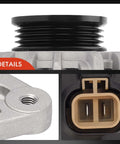 Close-up detail of Beefed Up High Output Alternator Replacement For Hyundai Elantra 2001 2006 Accent, connector and pulley view
