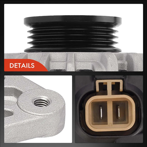 Close-up detail of Beefed Up High Output Alternator Replacement For Hyundai Elantra 2001 2006 Accent, connector and pulley view