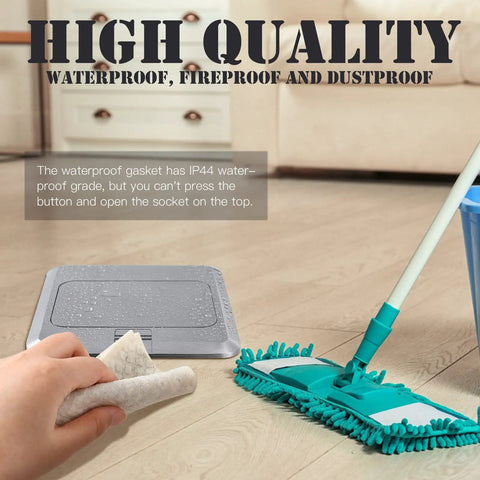 Two Pack Pop Up Floor Electrical Outlet Cover Kit With USB Charger 4.8A and 20 Amp Capacity Weatherproof Tamper Resistant Receptacle For Countertops And Home Use Waterproof Silver Finish Floor Box next to a mop and hand cleaning the floor