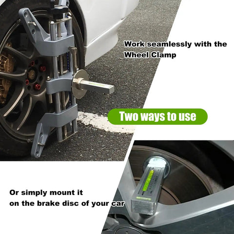 Universal Magnetic Camber Gauge For Dead Center Alignment And Sick Ride Stance Featuring Ballistic Magnet Grip on cast hubs used on car wheel and brake disc.