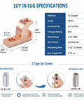 Legit Heavy Duty Pool Bonding Connectors 6 Pack Built With Solid Copper Body showing specifications and dimensions of copper lug.