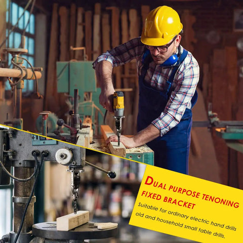 Straight Shooting Square Hole Drill Bit Adapter Mortising Attachment For Drill Press and Portable Hand Tools in woodworking workshop.