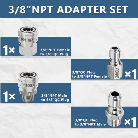 Pressure washer quick-connect kit, 4-piece stainless steel GDTOOLY adapters, 3/8 in NPT and QC, male/female