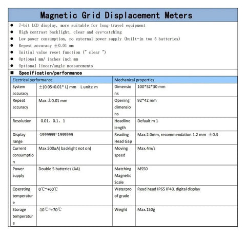 Specification chart for 7 Bit LCD LP02 Digital Magnetic Scale Kit For Milling, Grinding, Stone And Wood Cutting Machines.