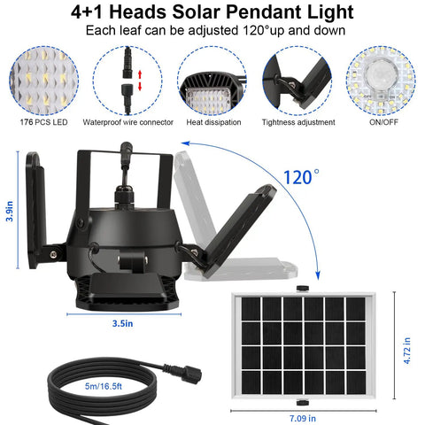 Solar Shed Light 176 LED 4 In 1 Heads Motion Sensor Security Lamp with adjustable panels and solar panel setup for outdoor use