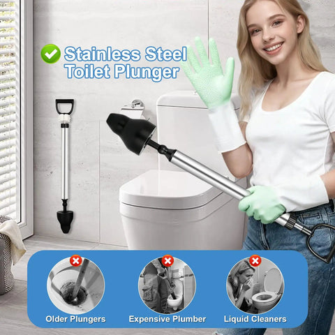 Heavy Duty Toilet Plunger And High Pressure Drain Gun With Pipe Auger Set To Kick Stubborn Clogs Fast And Ditch The Plumbers For A Smooth Easy Fix On Sinks And Drains In Minutes, stainless steel design.