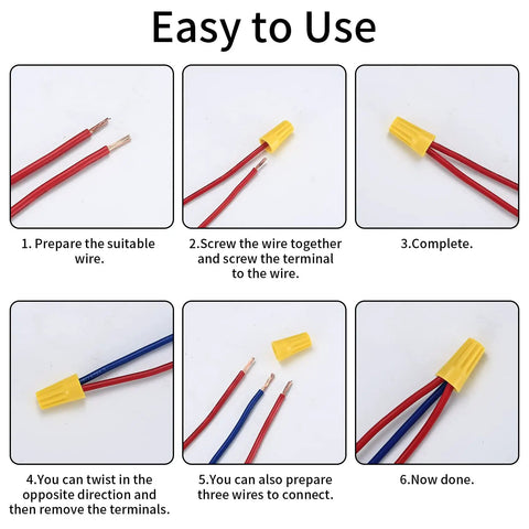 Steps to use 102 Pcs Wire Nut Connectors Kit with yellow cap and red wires for secure connections.