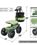Wheelie Utility Cart With Tool Toter Handle And Bucket Holder And Comfort Cushion Premium Rolling Tool Organizer For Yard Work And Garden Made In USA Model EX590 dimensions
