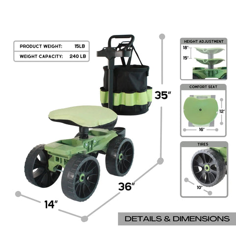 Wheelie Utility Cart With Tool Toter Handle And Bucket Holder And Comfort Cushion Premium Rolling Tool Organizer For Yard Work And Garden Made In USA Model EX590 dimensions