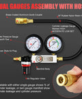 JIFETOR cylinder leak-down tester kit with dual pressure gauges, brass quick-coupler, rubber hose, and spark plug adapters