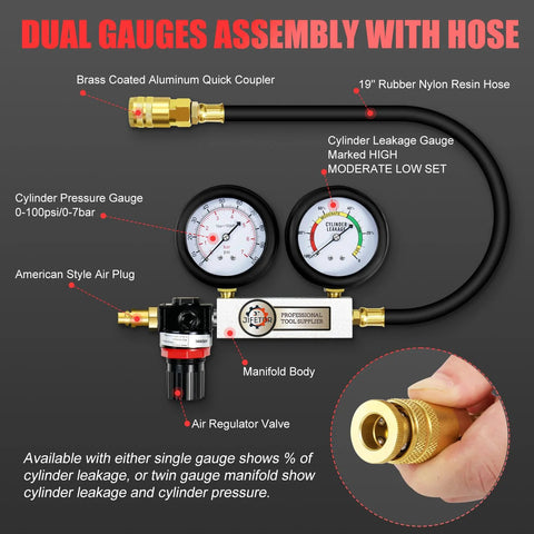 JIFETOR cylinder leak-down tester kit with dual pressure gauges, brass quick-coupler, rubber hose, and spark plug adapters
