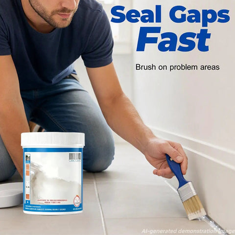 Man using Heavy Duty Multi Surface Waterproof Sealant Spray to nail leaks on walls with brush, clear coating applied.