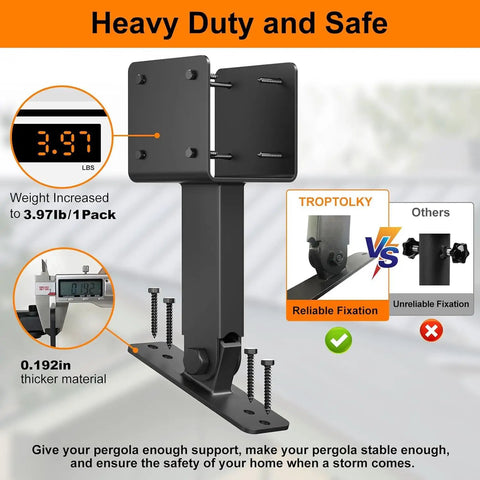 4x4 Heavy Duty Adjustable Angle Pergola Brackets Kit Black Metal Roof Riser Beams with weight and thickness specifications.